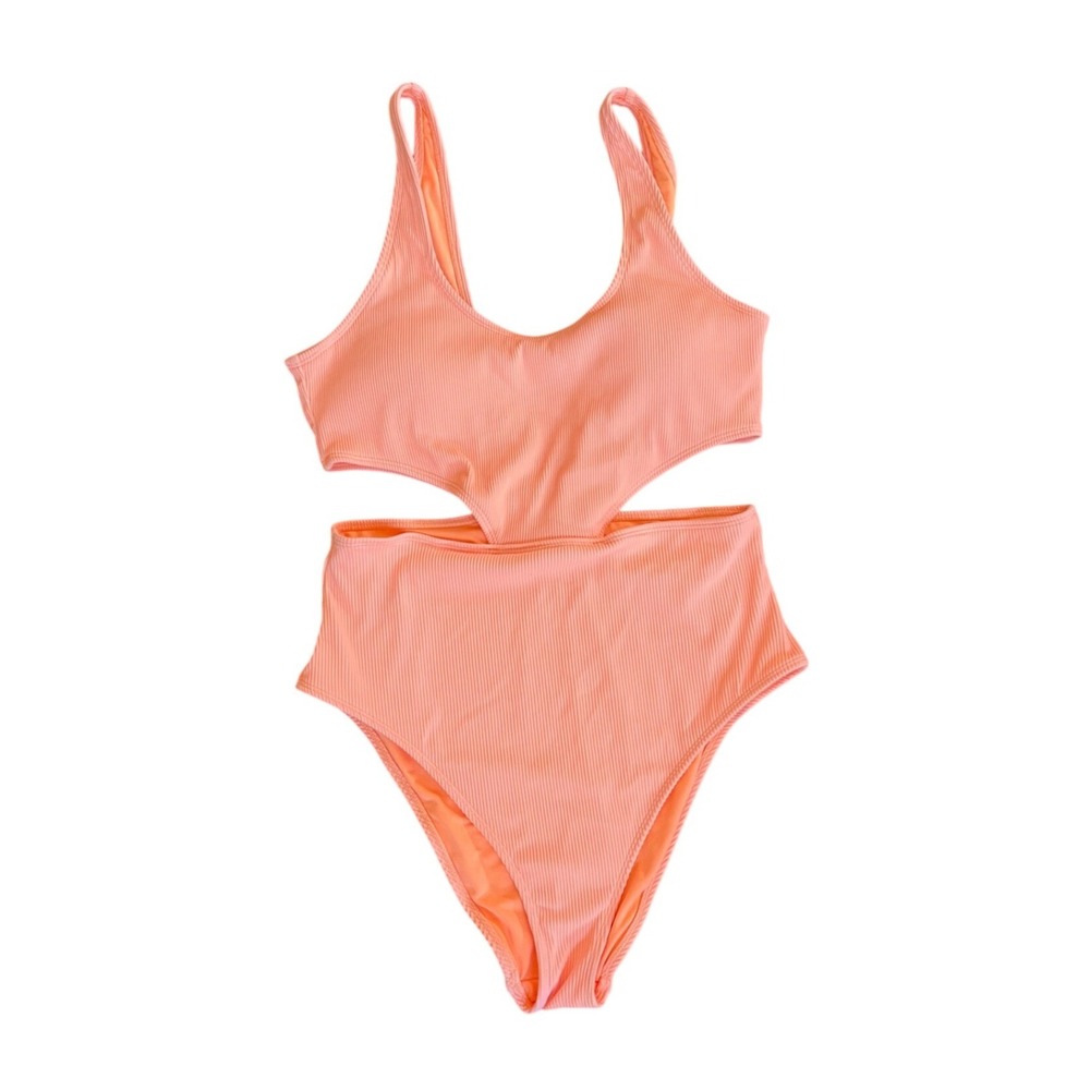 Aerie Ribbed Cutout One Piece Swimsuit‎ Size L Tankini Coral Peach Orange